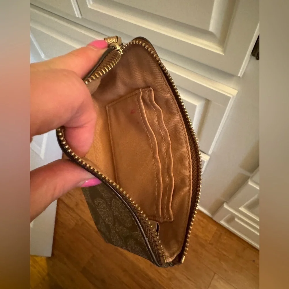 COACH Coated Canvas & Leather Corner Zip Wristlet in Khaki & Gold